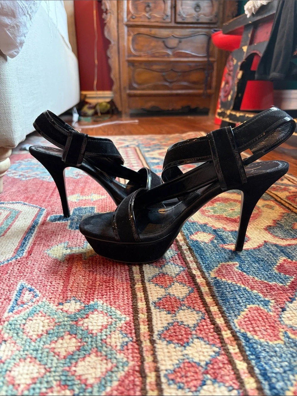 Saint Laurent Black Suede and patent leather accent Crisscross Strap Heels